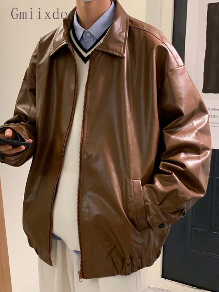 Men's Leather Faux Gmiixder Handsome PU Jacket Trend High Street Autumn and Winter Loose All-match Teen Solid Lapel Coat Men 220912