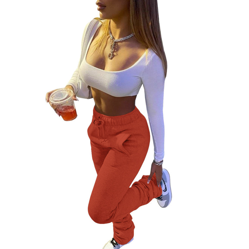 Fall Winter Women Sweatpants Stacked Pants High Waist Leggings Fleece Drawstring Trousers With Pockets