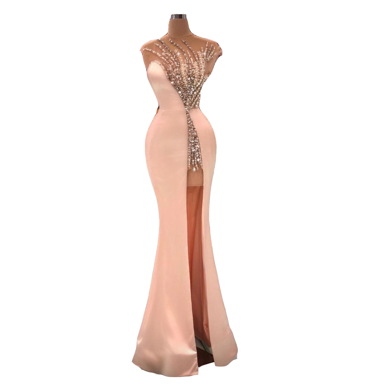 Sexy Mermaid Pink Prom Dresses Cap Sleeves Illusion Crystal Beading Or Length Side Split Evening Party Gowns Special Ocn Wears 6660306