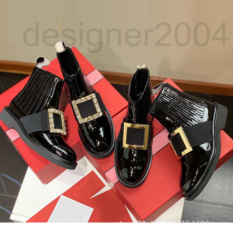 Boots designer RV Rhinestone Square button British style Martin boots women's spring and autumn single inner height 2022 new patent leather Chelsea HW8M