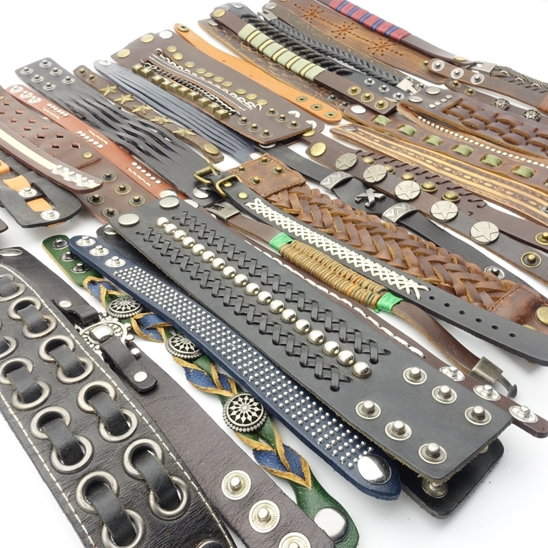 Bangle 30PCs Genuine Leather Men Women Bracelets Handmade Metal Button Punk Jewelry Biker Bangle Wholesale Lot Fashion Accessories Gift 220912