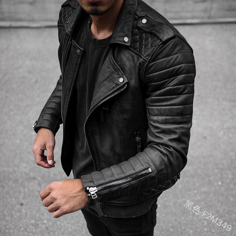Men's Leather Faux Leather Men Faux Leather Jacket Spring Autumn Slim Solid Zipper Stitching Motorcycle Jacket Men Long Sleeve Turn-down Collar P
