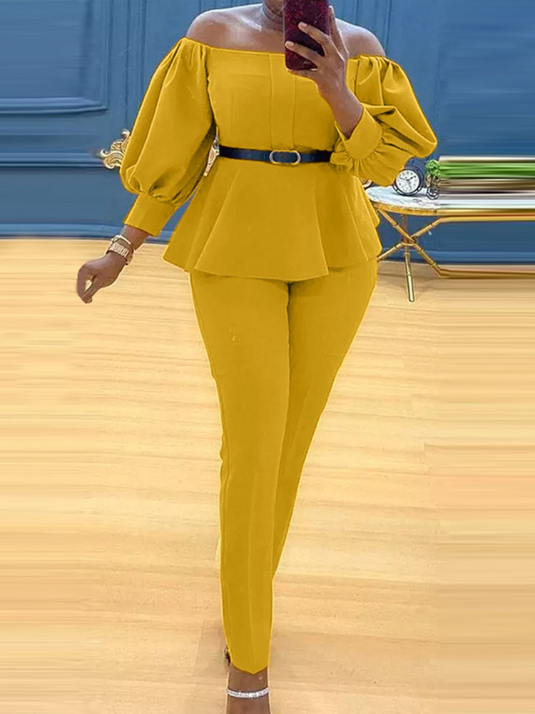 Women's Two Piece Pants VONDA Office Lady Pants Sets Women Ruffled Blouse Off Shoulder Tops And Long Trousers Suit Pants Female Ropa De Mujer 220