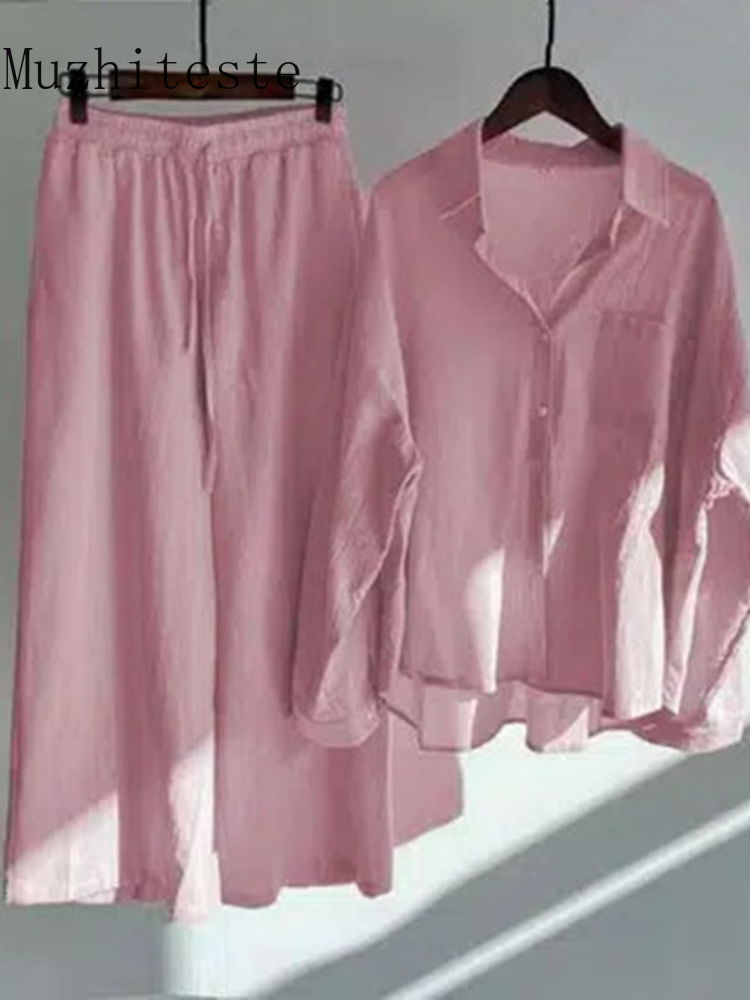 Women's Two Piece Pants 2-piece Oversize Cotton and Linen Shirt Slacks Suit Set of Fashion Pieces for Women Tracksuit 220912