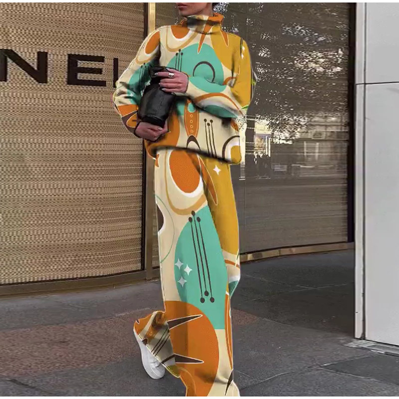 Women's Two Piece Pants Women Casual Tie Dye Two Piece Sets Turtleneck Long Sleeve Sweater And Trouser Suits Spring Autumn Female Knitted Warm Tr