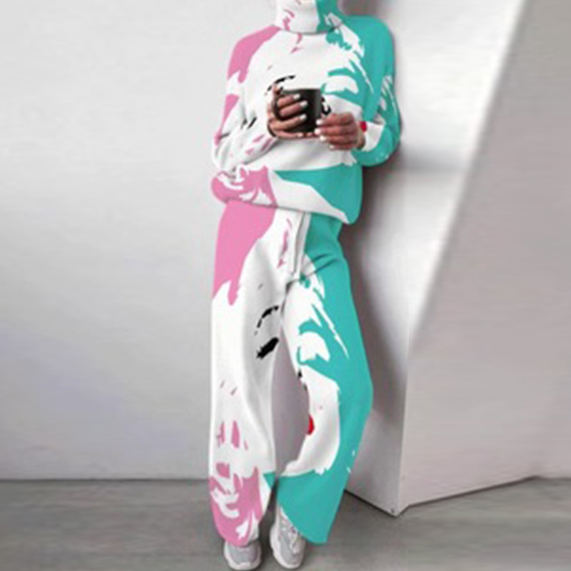 Women's Two Piece Pants Women Casual Tie Dye Two Piece Sets Turtleneck Long Sleeve Sweater And Trouser Suits Spring Autumn Female Knitted Warm Tr