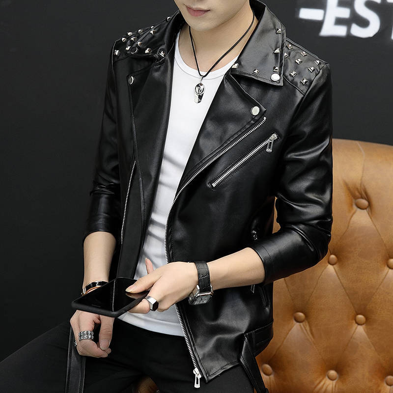 Men's Leather Faux Leather Idopy Men's Faux Leather Jacket Rivet Studded Slim Fit Multi Zippers Motorcycle Outerwear Jacket and Coat For Mal