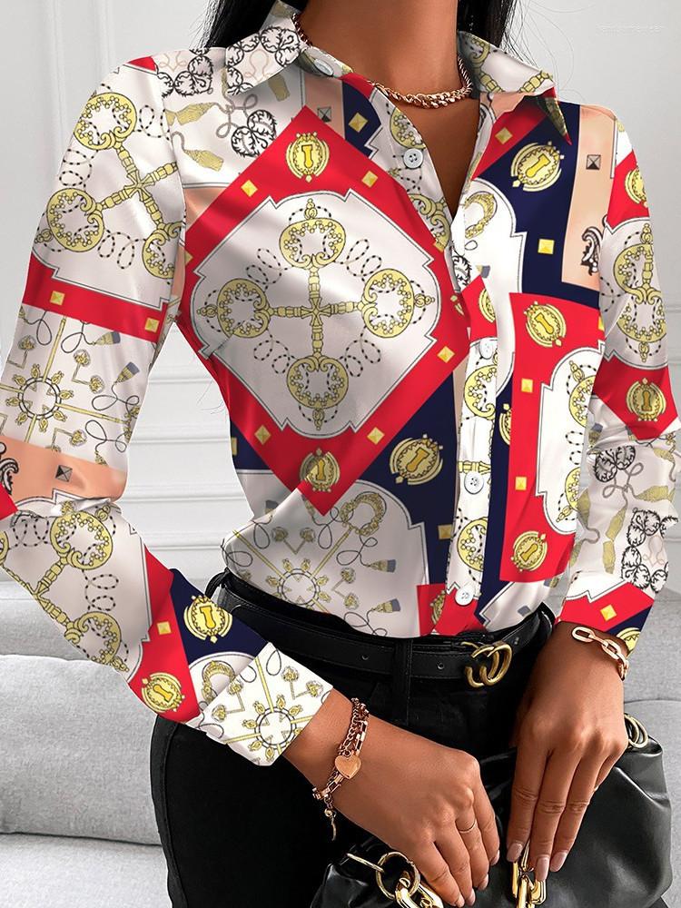 Printed Shirt Women Spring Elegant Office Ladies Blouse Clothes Fashion Lapel Long Sleeve Buttons Tops For Woman