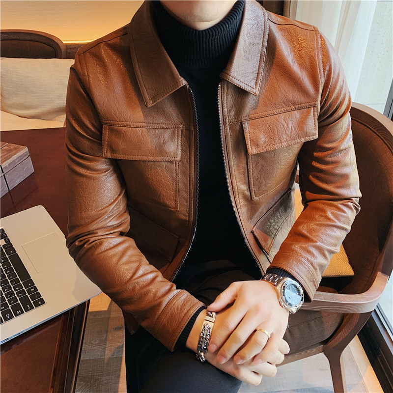 Men's Leather Faux Leather Fashion Korean Slim Fit Turn Down Collar Multi Pockets PU Leather Jackets For Men Clothing Streetwear Long Sleeve Casu