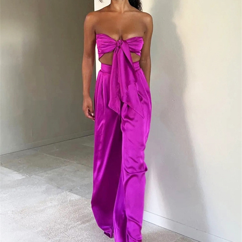 Women's Two Piece Pants Satin Two Piece Pants Set Sexy Outfits For Woman Summer 2 Piece Going Out Club Outfits Crop Top Trouser Suits Purple Pink