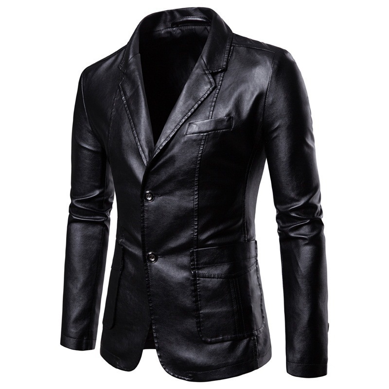 Men's Leather Faux Leather Spring Autumn Fashion Men's Casual Lapel Leather Dress Suit Coat / Male Fashion Business Casual Pu Blazers Jacket