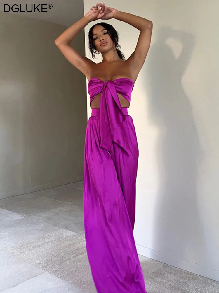Women's Two Piece Pants Satin Two Piece Pants Set Sexy Outfits For Woman Summer 2 Piece Going Out Club Outfits Crop Top Trouser Suits Purple Pink