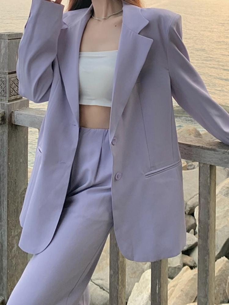 Women's Two Piece Pants Spring Summer Women Blazer Pantsuit Long Sleeve Jacket Pants Two Piece Set Female Fashion Business Casual Purple Trousers