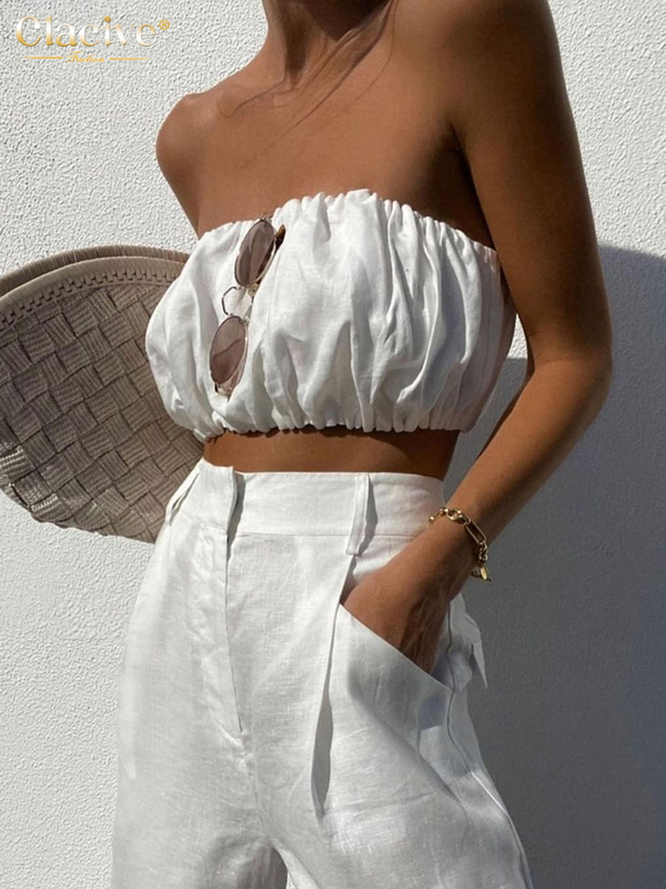 Women's Two Piece Pants Clacive Sexy Tube Top White Two Piece Set Women Summer Slim High Waist Pants Set Female Streetwear Elegant Linen Trouser 