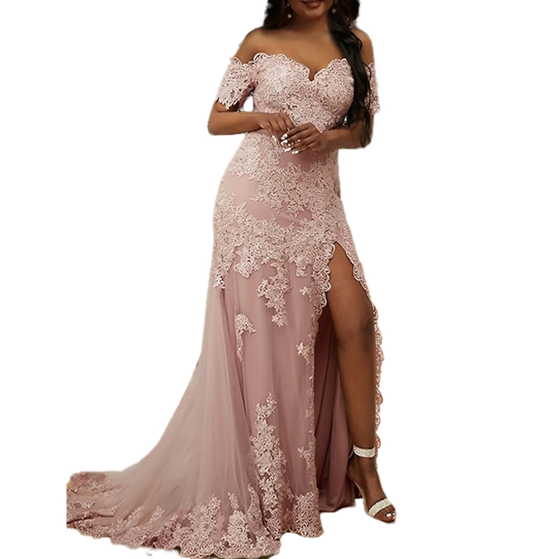 Elegant Sheath Prom Dresses Sexy Side High Split Plus Size Formal Evening Gowns Lace Appliques Court Train Short Sleeve Off Shoulder Special Occasion 