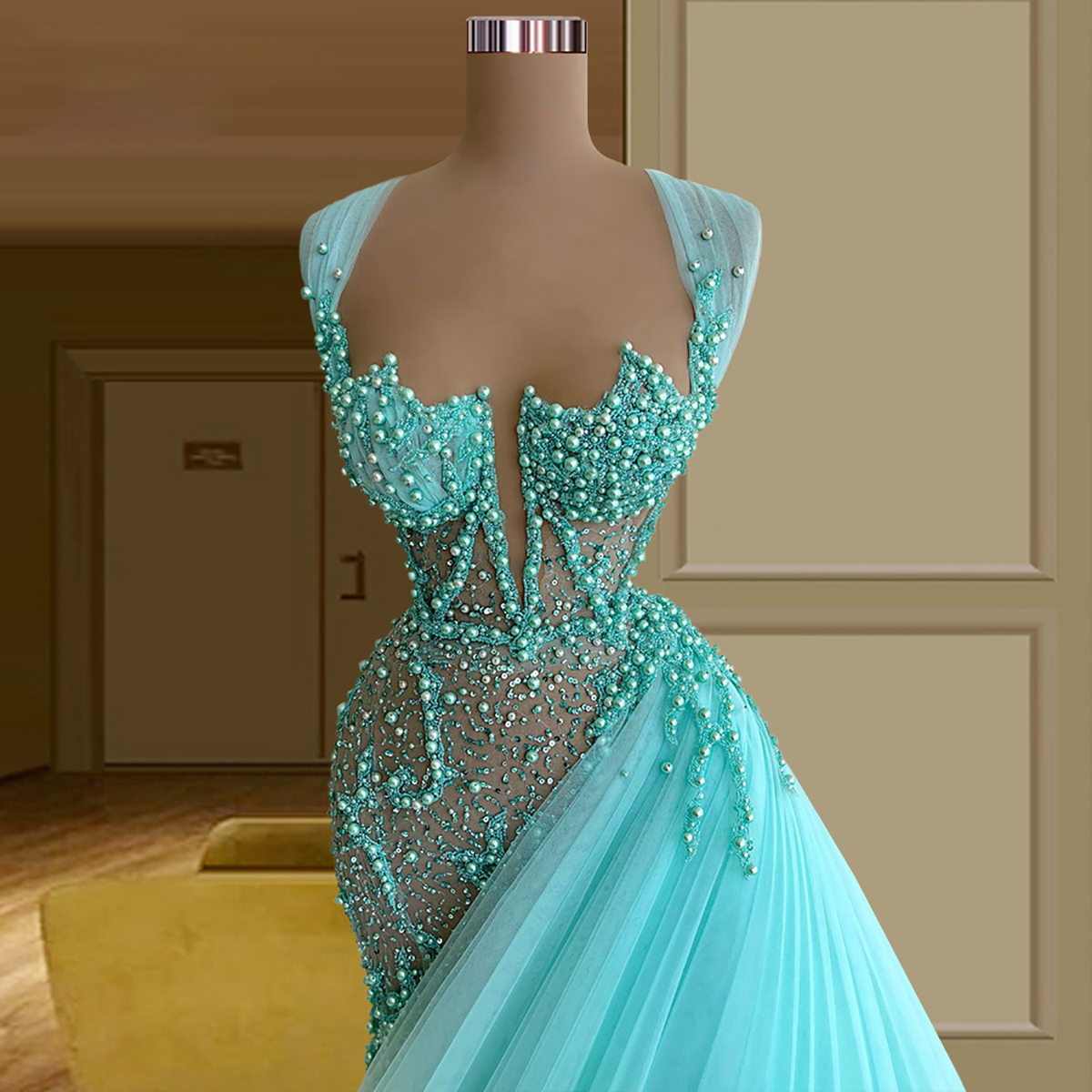Mermaid Evening Lue Dree Sleevele V Neck Applique Sequin Shiny Sexy Lace Eaded Or Length Pearl Hollow Celebrity Plu Size Party Gown Prom Dre 6660311