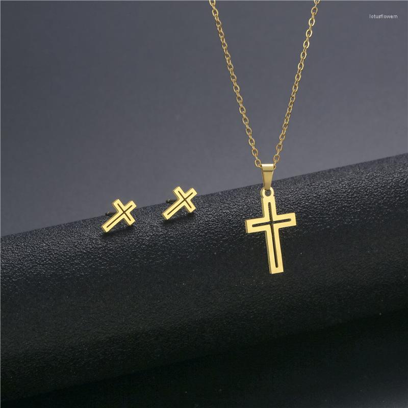 Pendant Necklaces European And American Stainless Steel Cross Necklace Earrings Set For Women