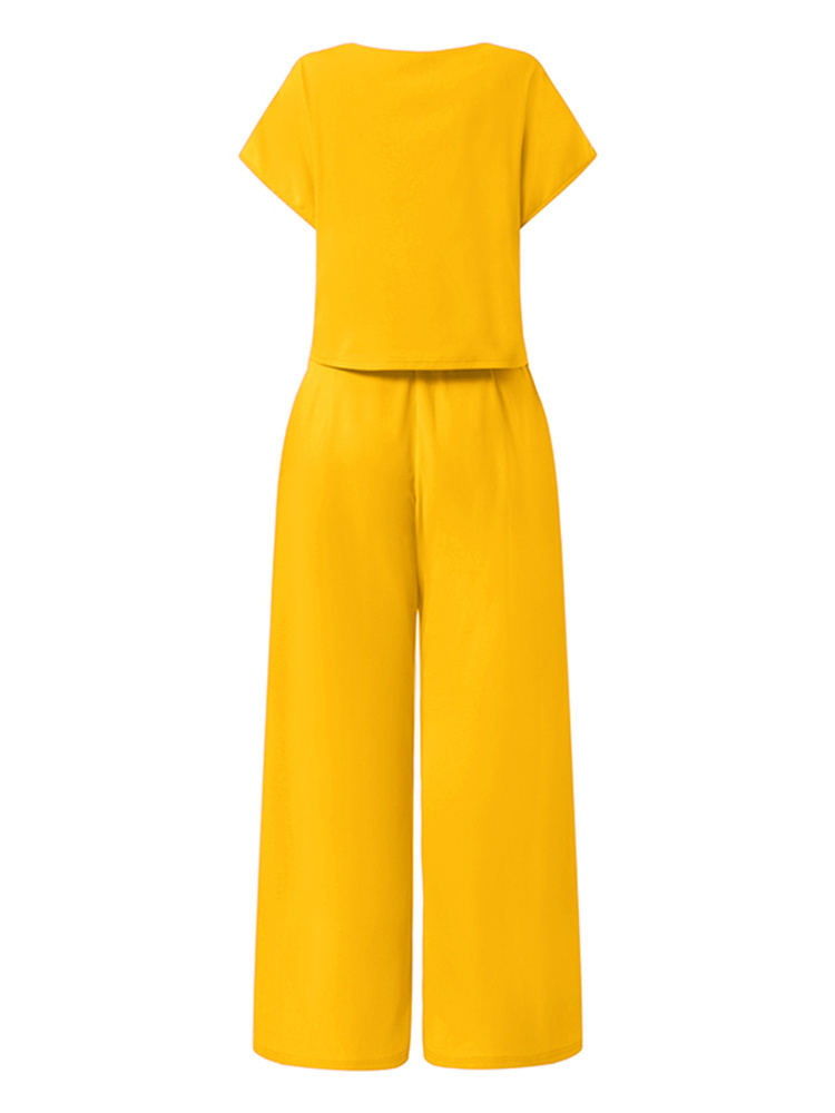 Women's Two Piece Pants VONDA Women Summer Pants Sets Casual Solid Color O Neck Short Sleeve Party Top High Waist Zipper Pants Office Long Trouse