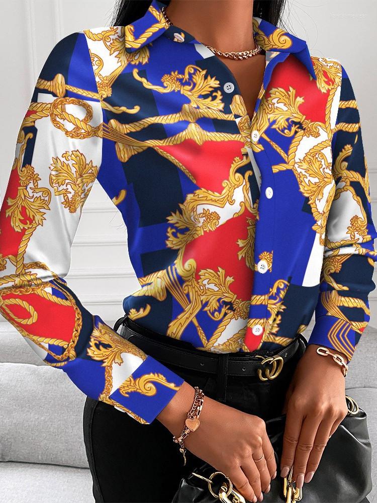 Printed Shirt Women Spring Elegant Office Ladies Blouse Clothes Fashion Lapel Long Sleeve Buttons Tops For Woman