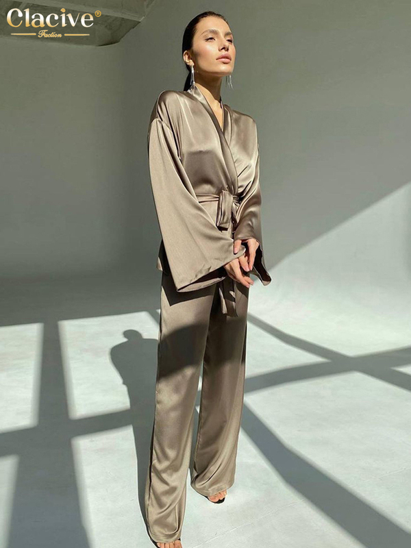 Women's Two Piece Pants Clacive Fashion Loose Satin Pants Set Women Casual Long Sleeve Shirts Wide Trousers Suits Elegant Home Wear Two Piece Rob