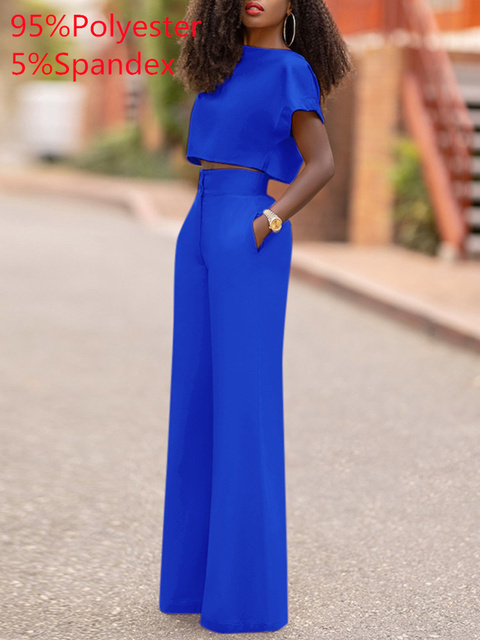 Women's Two Piece Pants VONDA Women Summer Pants Sets Casual Solid Color O Neck Short Sleeve Party Top High Waist Zipper Pants Office Long Trouse
