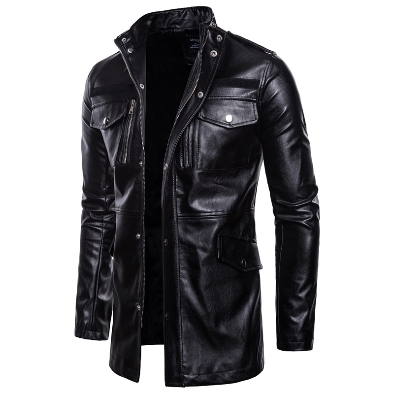 Men's Leather Faux Autumn Motorcycle Jacket Men Long Windbreaker Coat High quality PU Male Multi-Pocket 220913