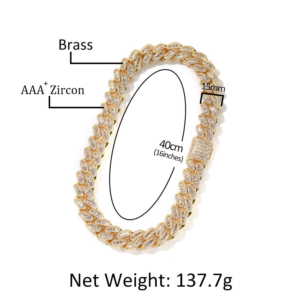 15mm Hip Hop T Cubic Zirconia Tennis Encrypted Cuban Chain 18k Real Gold Plated Men's Necklace