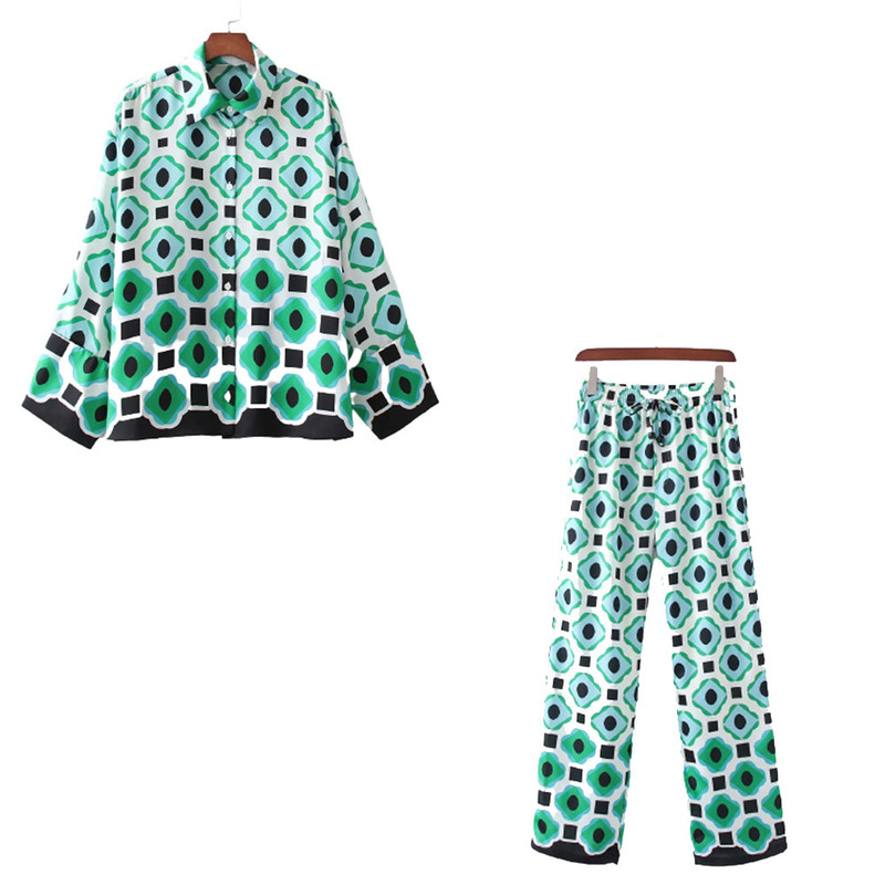 Women's Two Piece Pants xikom Summer Women Vintage Two-Piece Set Bohemia Print Loose Lapel Shirt Elastic High Waist Casual Trousers Pants Set 220