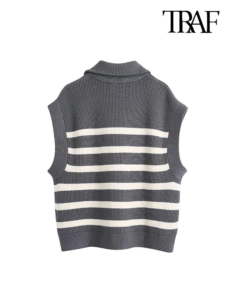 Women's Vests TRAF Women Fashion Front Zip Loose Striped Knit Vest Sweater Vintage High Neck Sleeveless Female Waistcoat Chic Tops 220913