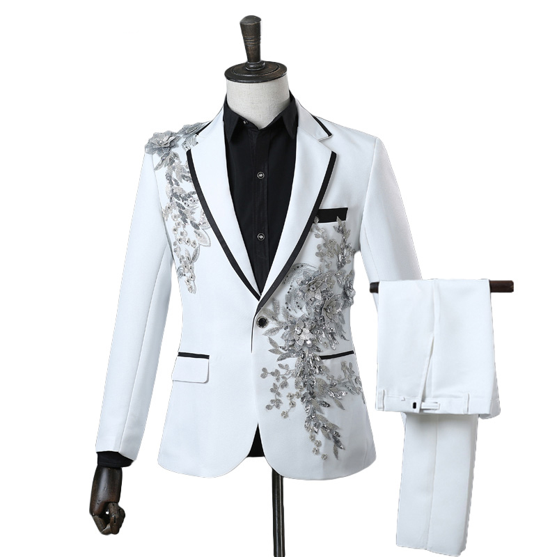 Men's Suits Blazers Fashion Embroidery Sequins Floral Blazer Men One Button White 2 Piece JacketPants Party Stage Singer Wear Costume 220913