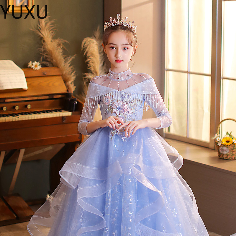 Vintage Flower Girls Dresses Sheer Neck Long Sleeve Hand Made Pageant Flowers Kids Formal Wear Hi Lo Satin Girl Dress for Wedding