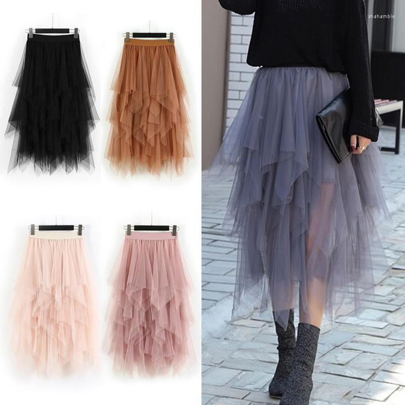 Skirts Asymmetrical High Waist Ruffles Mesh Tutu Tulle Long Midi Skirt For Women Black White PinkSkirts