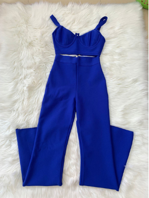 Women's Two Piece Pants Summer Women's Fashion Sexy Bandage 2 Two-piece Set Sleeveless Tight Short Top High Waist Flared Trousers Pants Set 