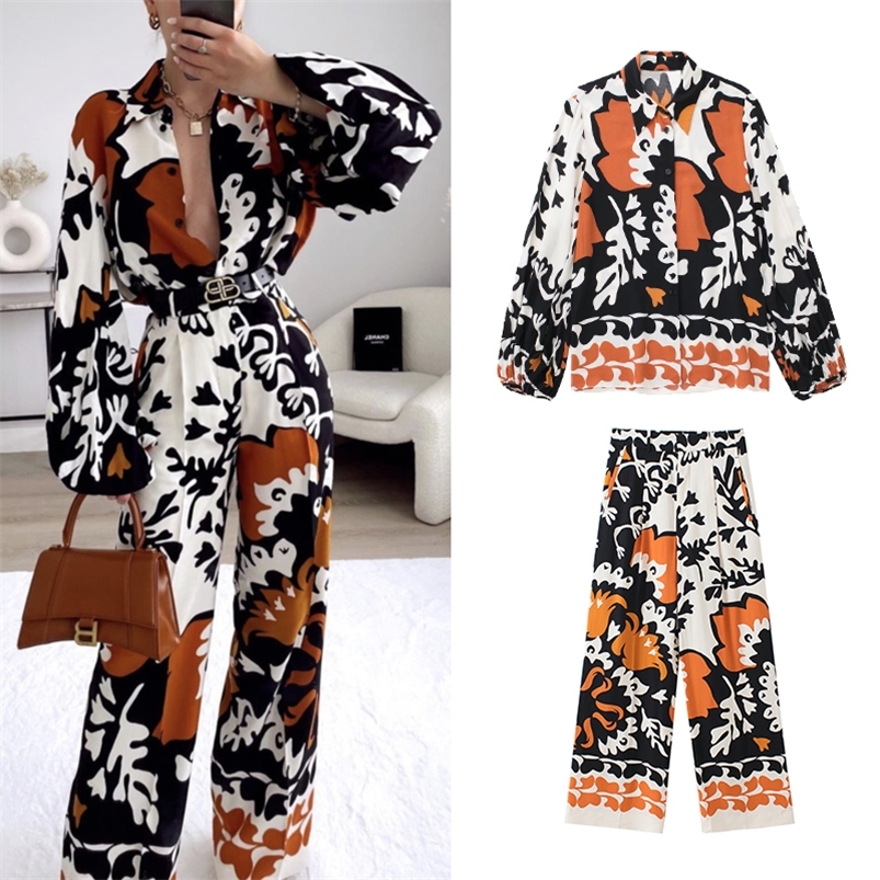 Women's Two Piece Pants Spring Women Vintage Long Sleeve Single-breasted Print Lapel Shirt Loose Mid Waist Pleated Trousers Two Piece Suit LY9756