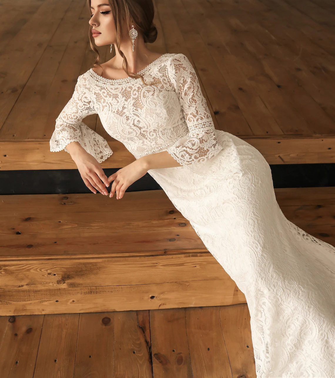 Wedding Vintage Mermaid Dress Scoop Neck Bell Half Sleeve Full Laceopen Back Bohemian Boho Sweep Train Bridal Gown Custom Made