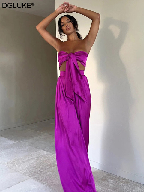 Women's Two Piece Pants Satin Two Piece Pants Set Sexy Outfits For Woman Summer 2 Piece Going Out Club Outfits Crop Top Trouser Suits Purple Pink