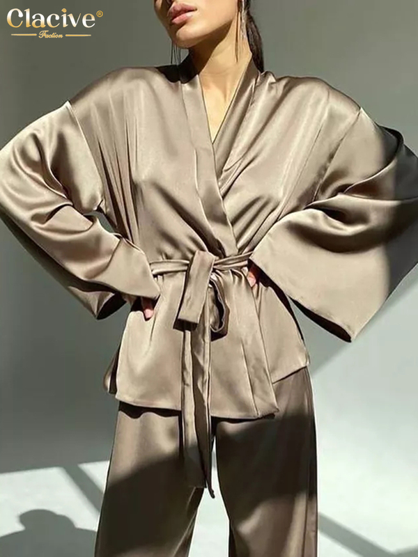 Women's Two Piece Pants Clacive Fashion Loose Satin Pants Set Women Casual Long Sleeve Shirts Wide Trousers Suits Elegant Home Wear Two Piece Rob