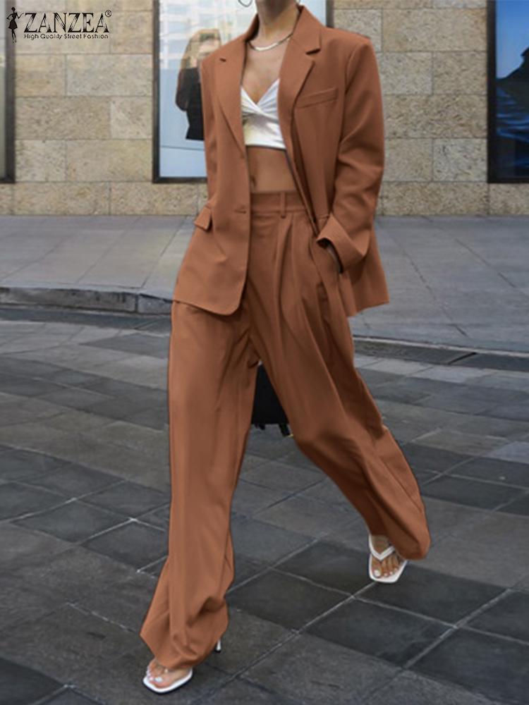 Women's Two Piece Pants Women Casual Elegant Office Matching Sets Stylish Solid Pant Sets ZANZEA Vintage 2PCS Thin Blazer Slim Trouser Work Suits