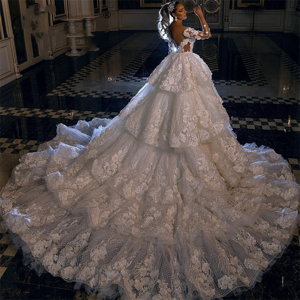 Elegant Ball Gown Wedding Dresses Deep V Neck Long Sleeves Off Shoulder Sequins Appliques Lace Ruffles or Length Bridal Gowns Plus Size robes de soire