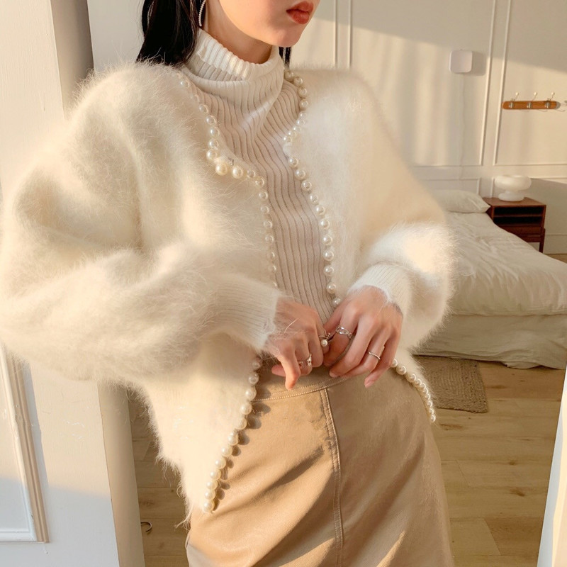 Women's Pearl Lantern Sleeve Knitted Cardigan Jacket - Soft Fluffy V-Neck Pullover Sweater For Spring Autumn