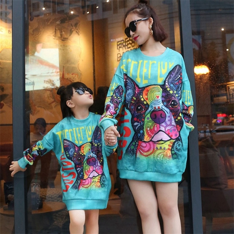 Family Matching Outfits Mother Daughter Dress Long Sweatshirts Women Girl Long Sleeve Print Sweatshirt Dress Casual Family Matching Mommy And Me Cloth
