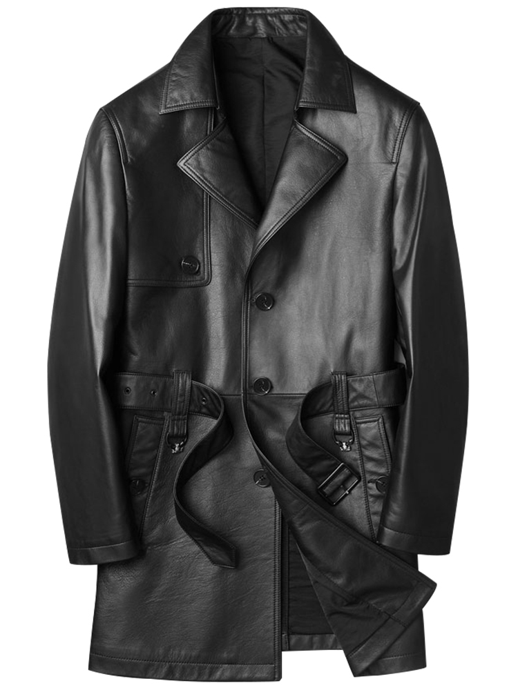 Men's Leather Faux Leather Mauroicardi Autumn Black Leather Trench Coat Long Sleeve Belt Single Breasted Plus Size Men Fashion Clothes 3xl 4xl 5x