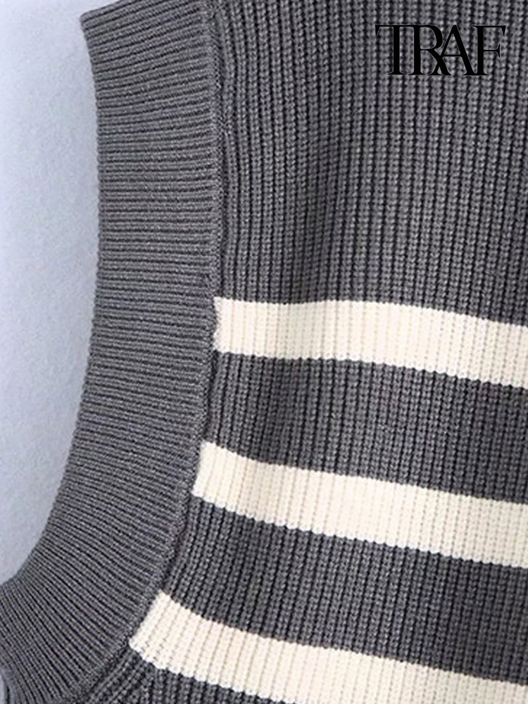 Women's Vests TRAF Women Fashion Front Zip Loose Striped Knit Vest Sweater Vintage High Neck Sleeveless Female Waistcoat Chic Tops 220913