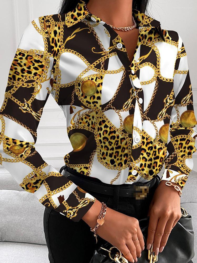 Printed Shirt Women Spring Elegant Office Ladies Blouse Clothes Fashion Lapel Long Sleeve Buttons Tops For Woman