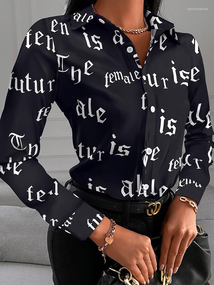 Printed Shirt Women Spring Elegant Office Ladies Blouse Clothes Fashion Lapel Long Sleeve Buttons Tops For Woman