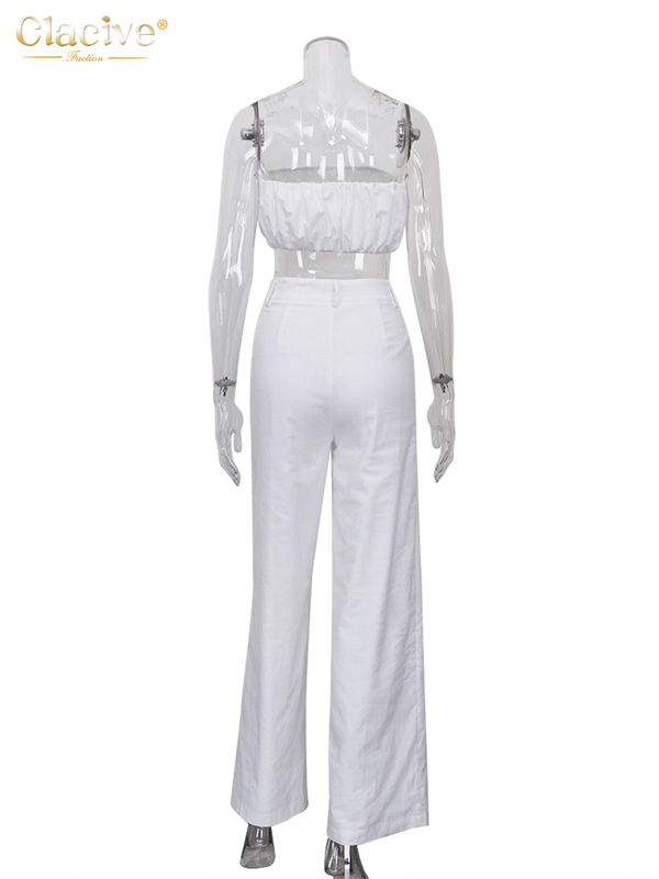 Women's Two Piece Pants Clacive Sexy Tube Top White Two Piece Set Women Summer Slim High Waist Pants Set Female Streetwear Elegant Linen Trouser 