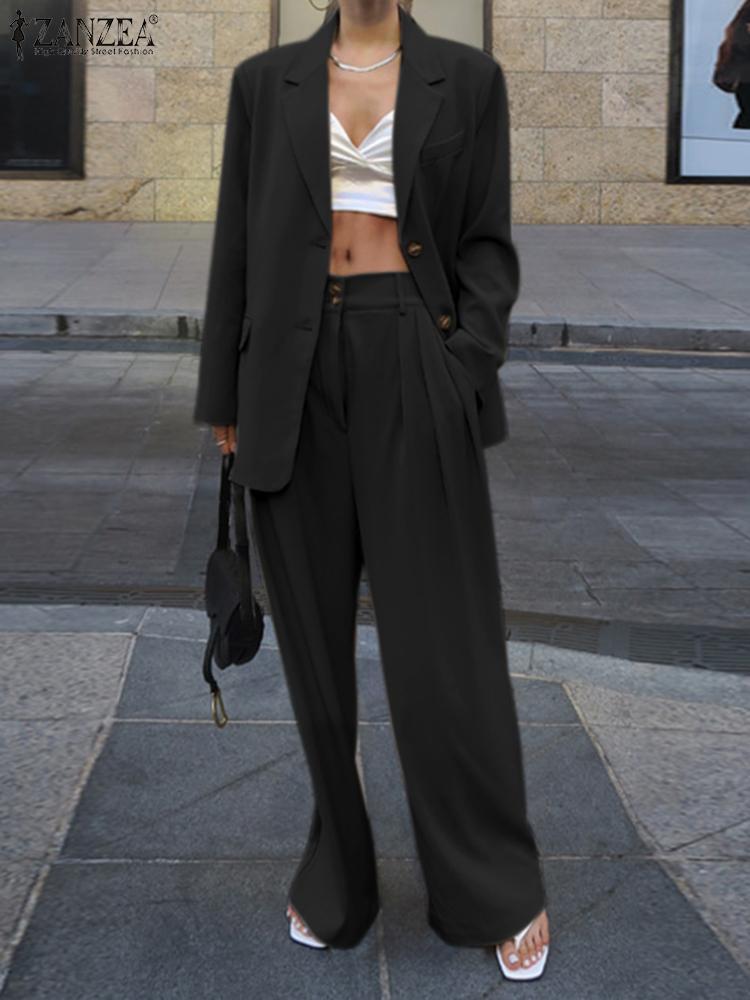 Women's Two Piece Pants Women Casual Elegant Office Matching Sets Stylish Solid Pant Sets ZANZEA Vintage 2PCS Thin Blazer Slim Trouser Work Suits