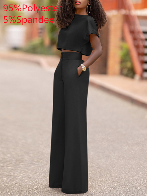 Women's Two Piece Pants VONDA Women Summer Pants Sets Casual Solid Color O Neck Short Sleeve Party Top High Waist Zipper Pants Office Long Trouse