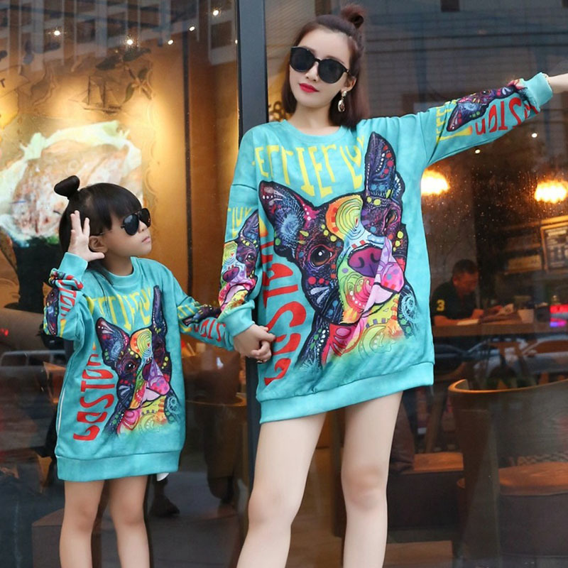 Family Matching Outfits Mother Daughter Dress Long Sweatshirts Women Girl Long Sleeve Print Sweatshirt Dress Casual Family Matching Mommy And Me Cloth