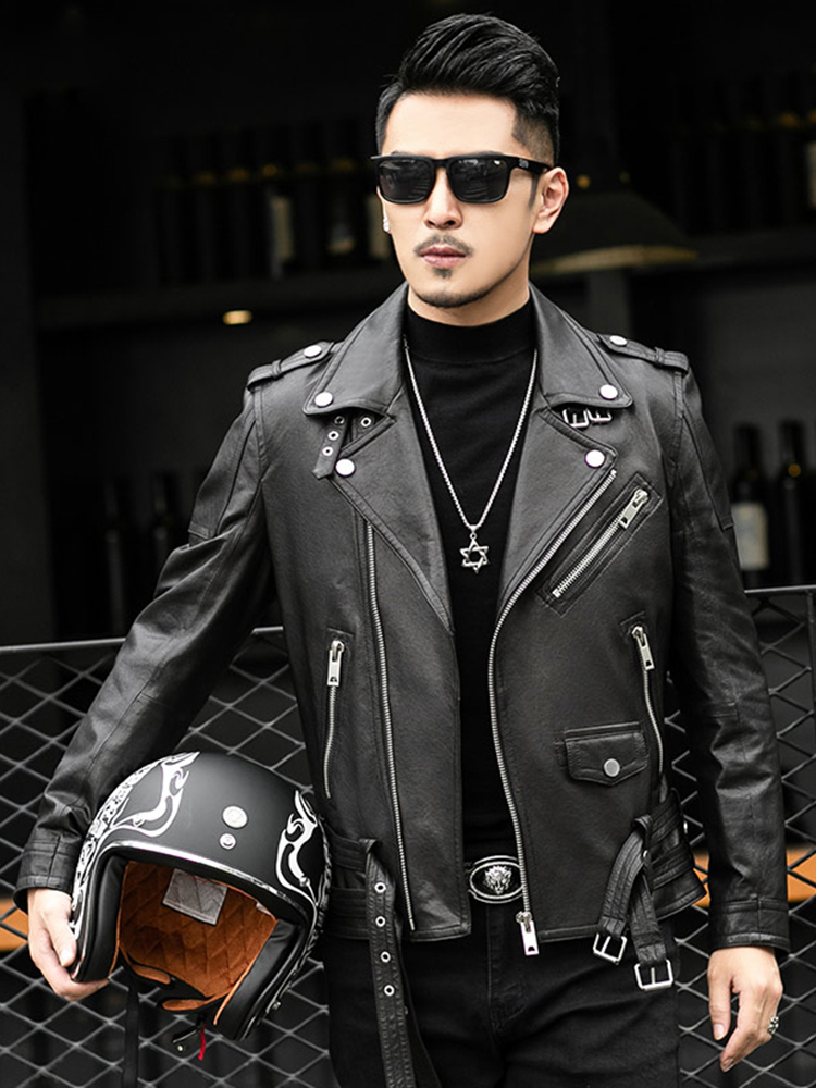 Men's Leather Faux Leather Mauroicardi Spring Autumn Short Cool Black Leather Biker Jacket Men Zipper Long Sleeve Belt Plus Size European Fashion
